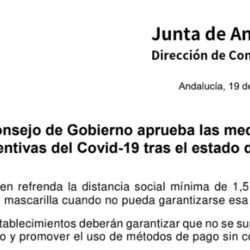 La Junta mantiene el uso obligatorio de la mascarilla cuando no se garantice la distancia de 1,5 metros tras el fin del estado de alarma, cuya vigencia termina el 21 de junio