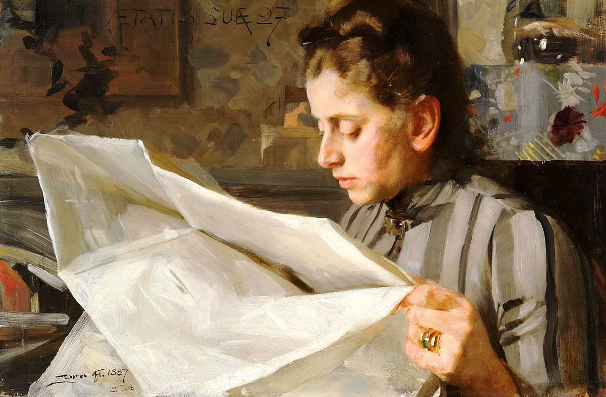 Emma Zorn, Läsande. Óleo sobre lienzo de Anders Zorn, 1887.
