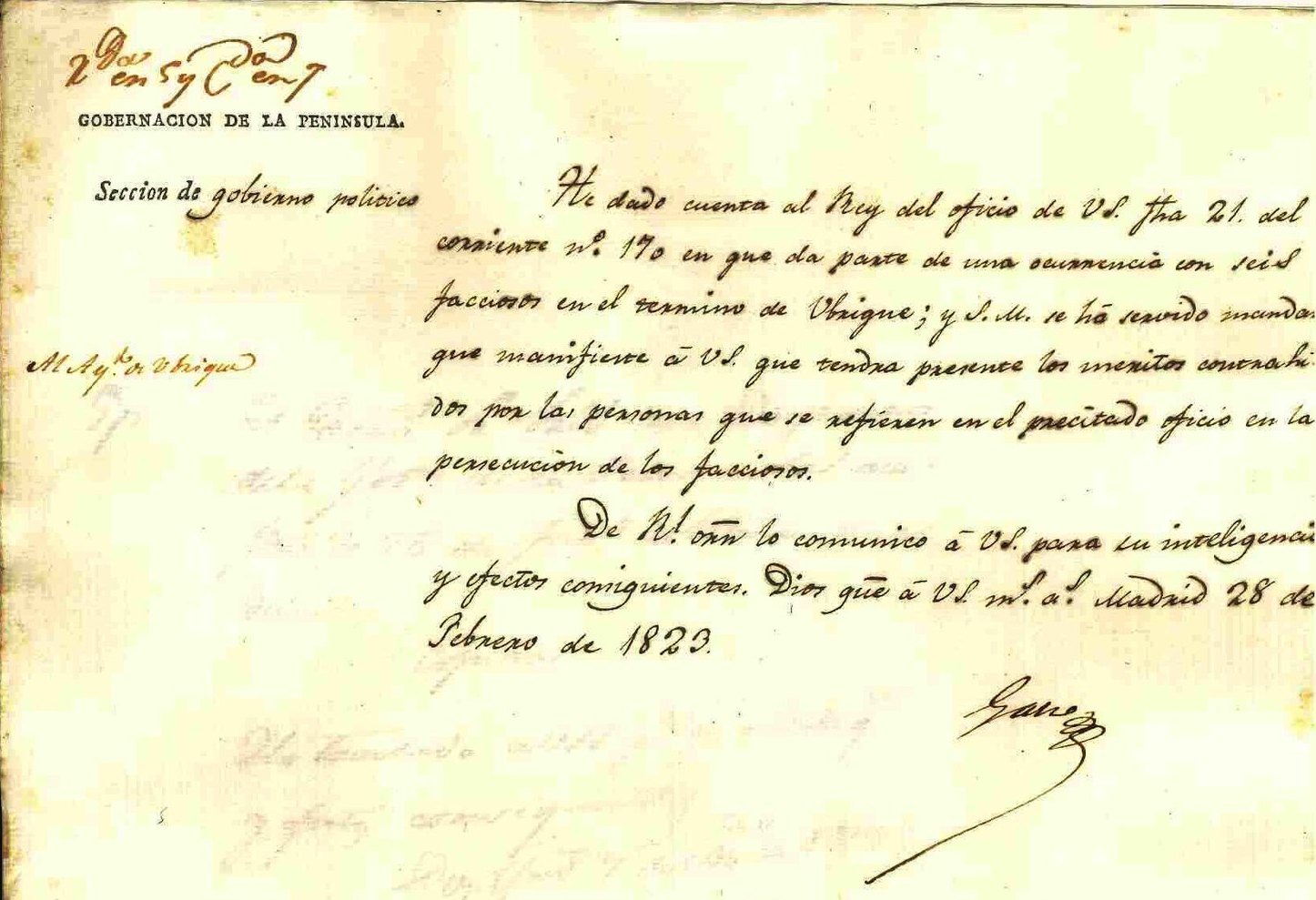 Documento del Archivo Histórico Provincial de Cádiz sobre la persecución de facciosos en el término de Ubrique, en 1823.