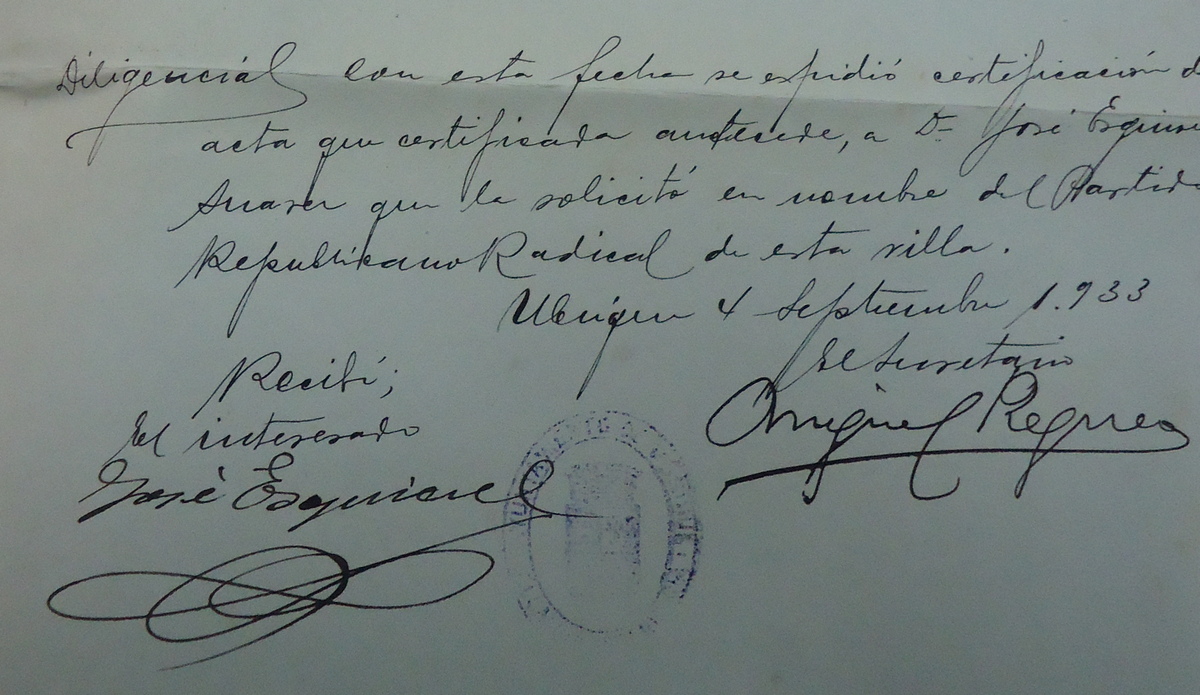 Diligencia de entrega de copia del acta de la sesión extraordinaria del Ayuntamiento de Ubrique, 4/9/1933 (AHMU).