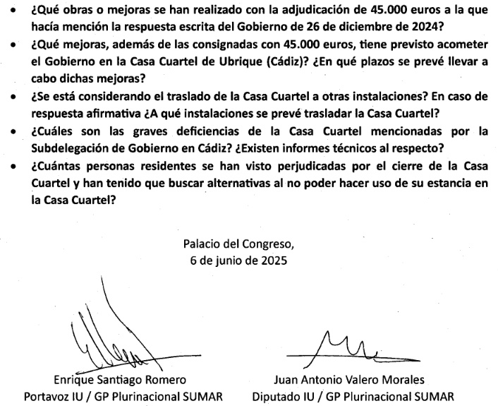 Preguntas formuladas por IU en el Congreso de los Diputados dirigidas al Gobierno.