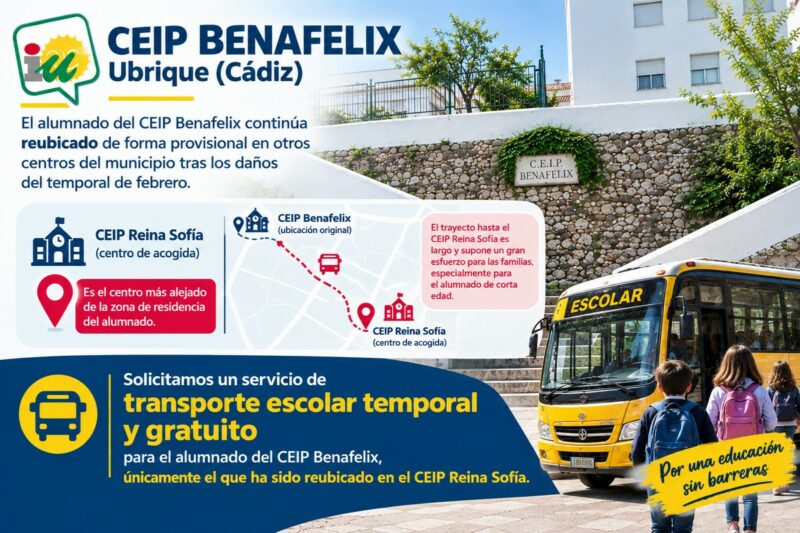 Cartel de IU con la reivindicación de transporte escolar.