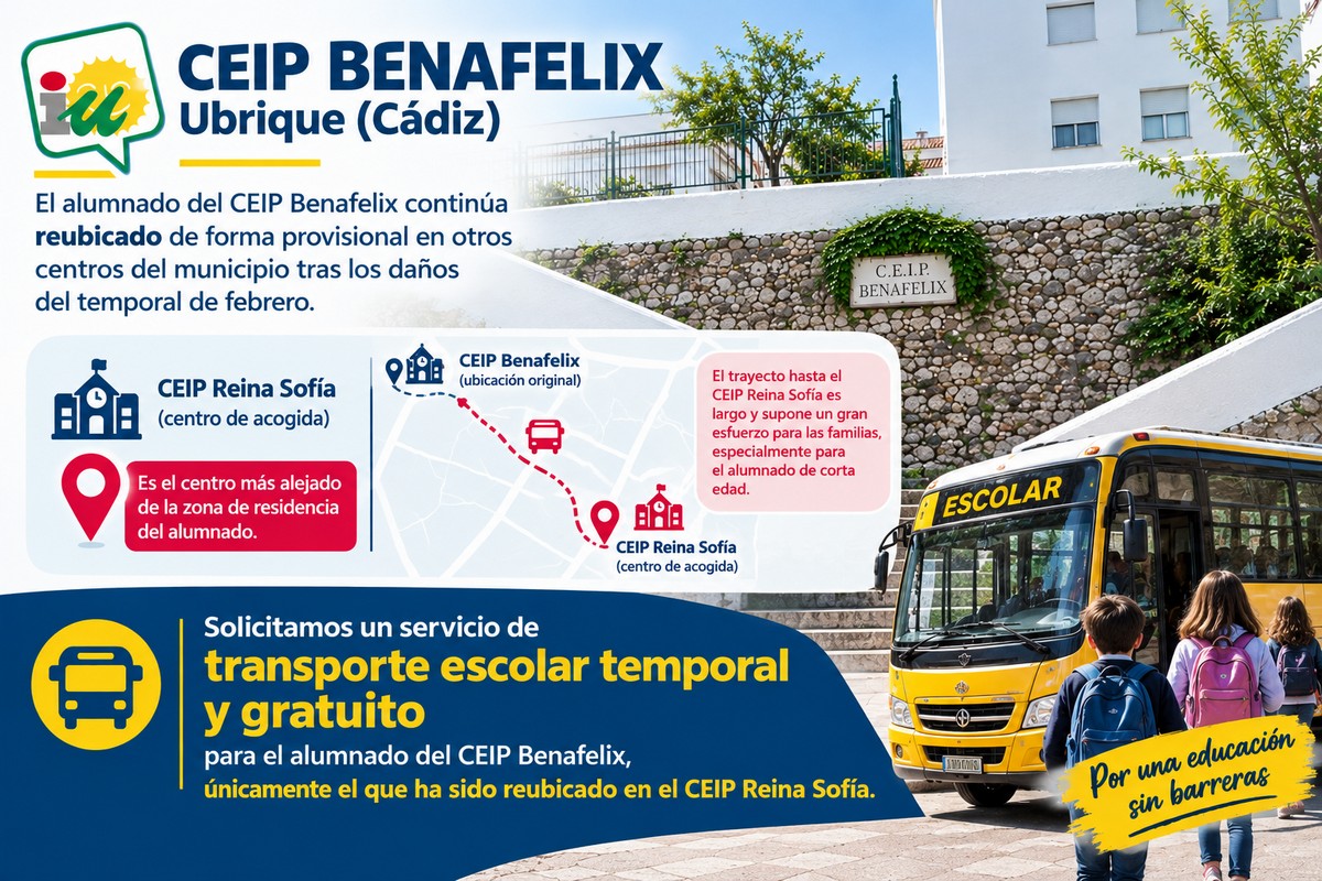 IU pide transporte escolar temporal gratuito para el alumnado del CEIP Benafelix reubicado en el CEIP Reina Sofía